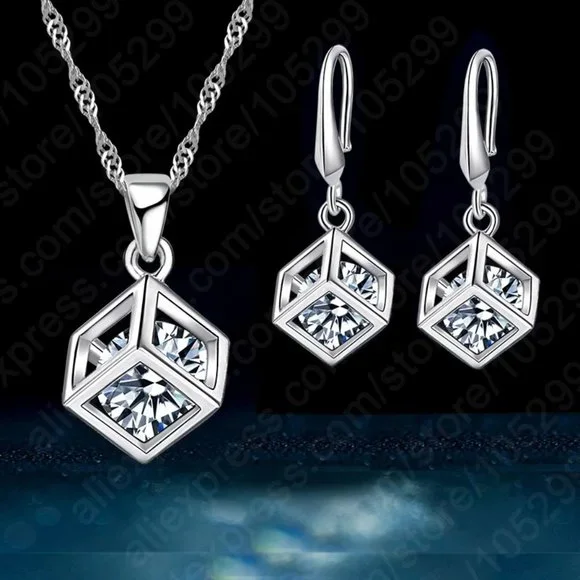 925 Sterling Silver Earrings With Necklace Set Bundle Square Gift Minimalist - Picture 1 of 8